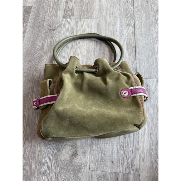 Cole Haan vtg y2k Kelsey Suede hobo Bucket Bag Olive Green Purple Trim Purse - Picture 1 of 8